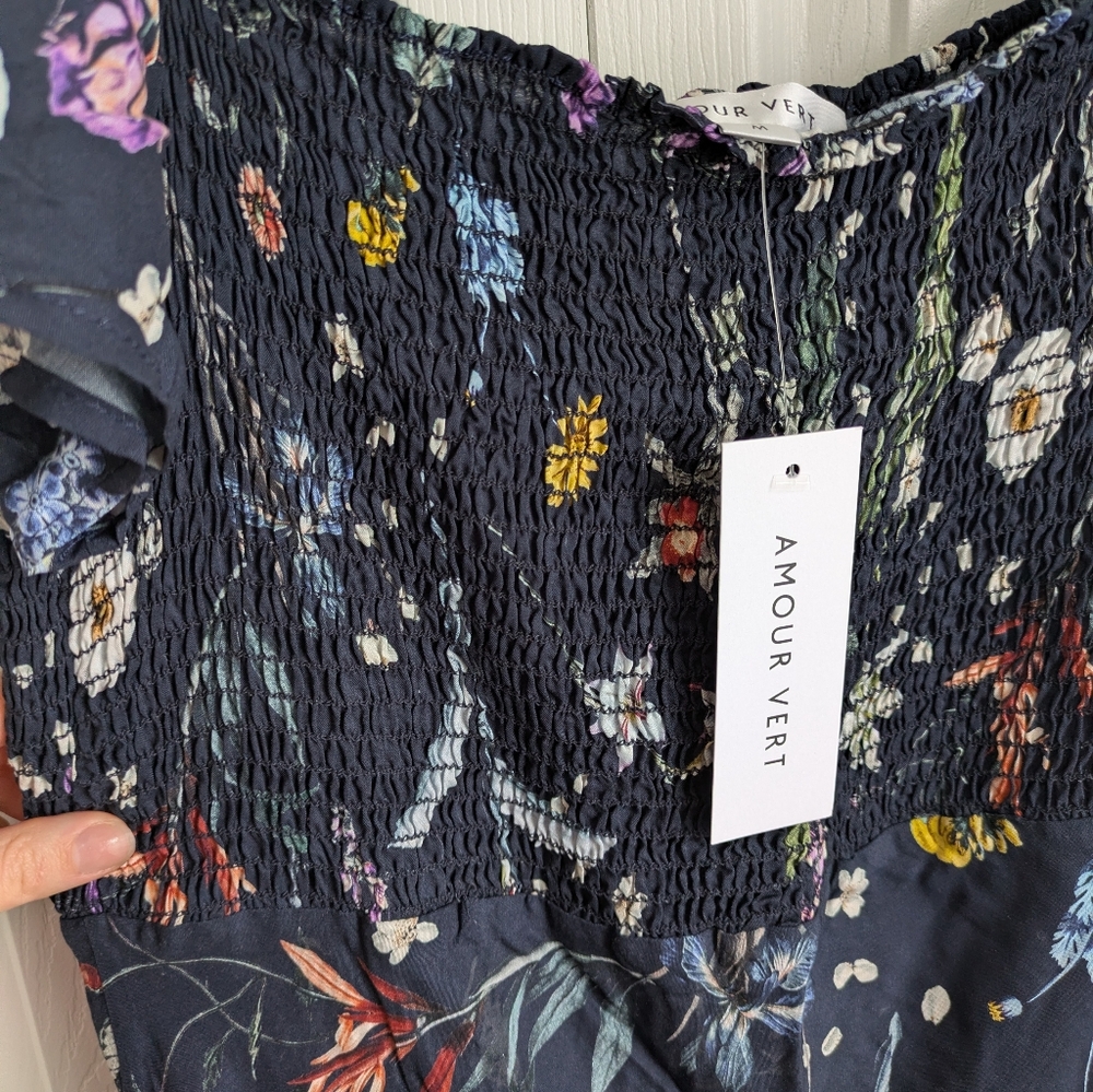 Amour Vert Dina Gemini Viscose Floral Navy Midi Dress - Picture 4 of 13
